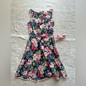 Newport News Navy Floral Midi Dress with Pink Accents